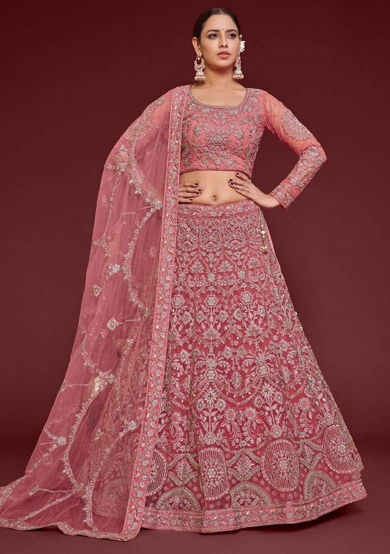 Rose Pink Soft Net Lehenga Set with Embroidered for Diwali | Wedding & Festive Wear - Indya