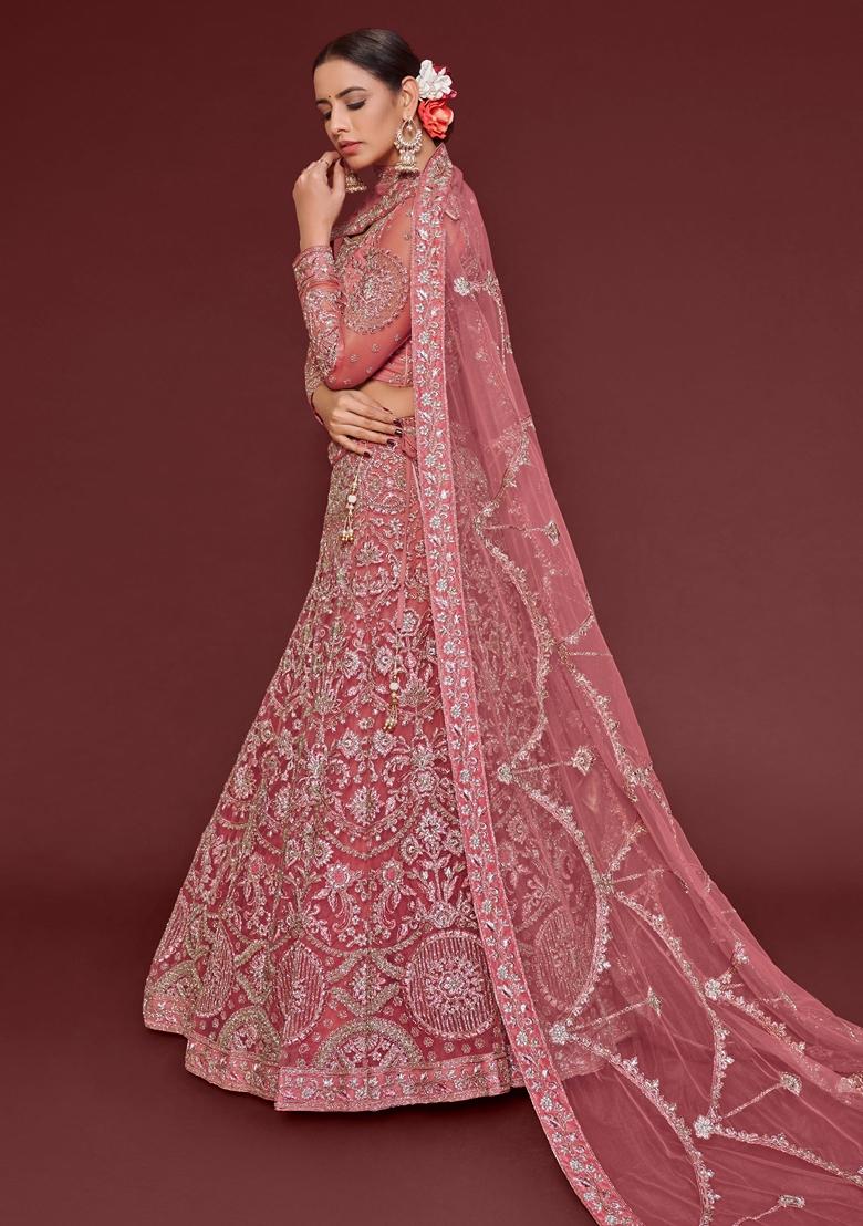 Rose Pink Embroidered Soft Net Lehenga Set