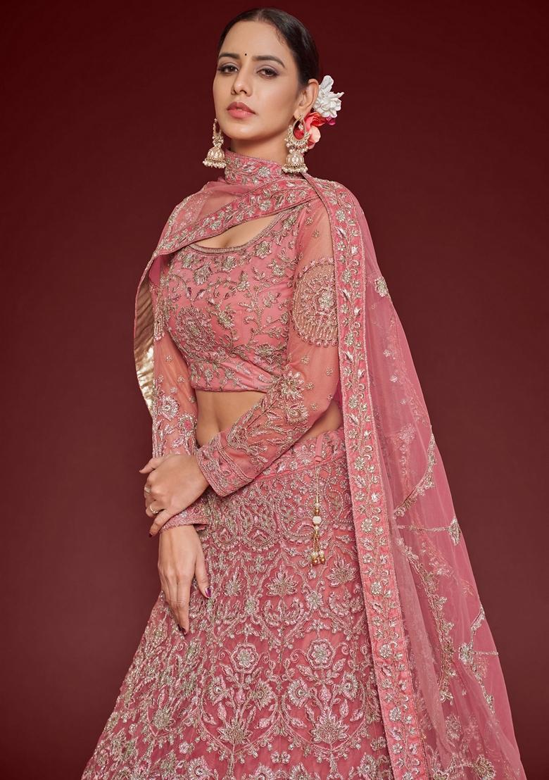 Rose Pink Embroidered Soft Net Lehenga Set