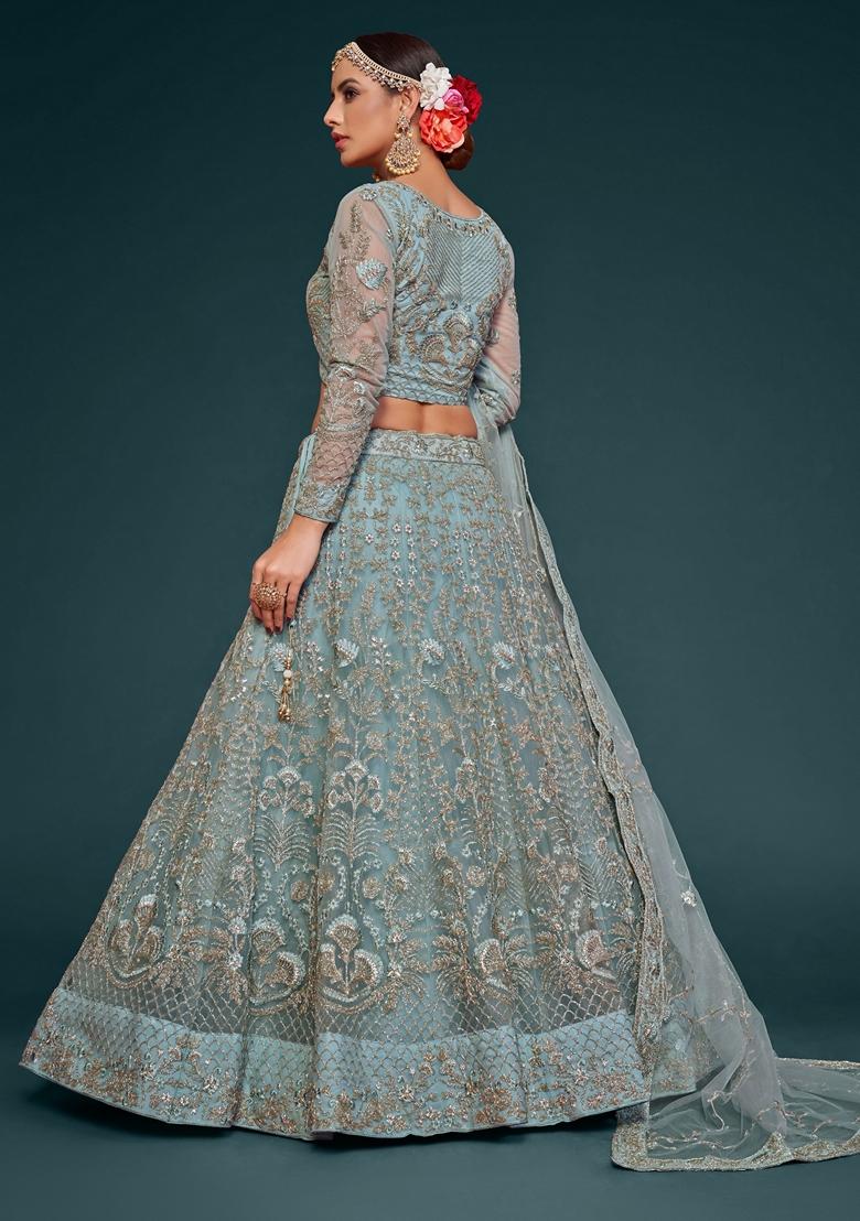 Aqua Blue Embroidered Soft Net Lehenga Set