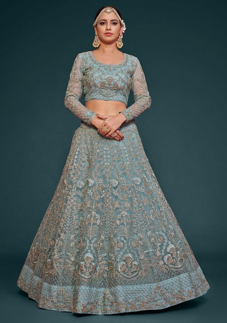 Aqua Blue Embroidered Soft Net Lehenga Set