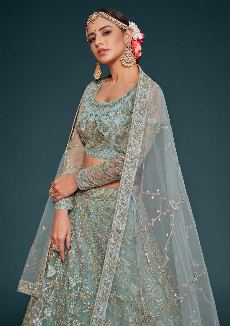 Aqua Blue Embroidered Soft Net Lehenga Set