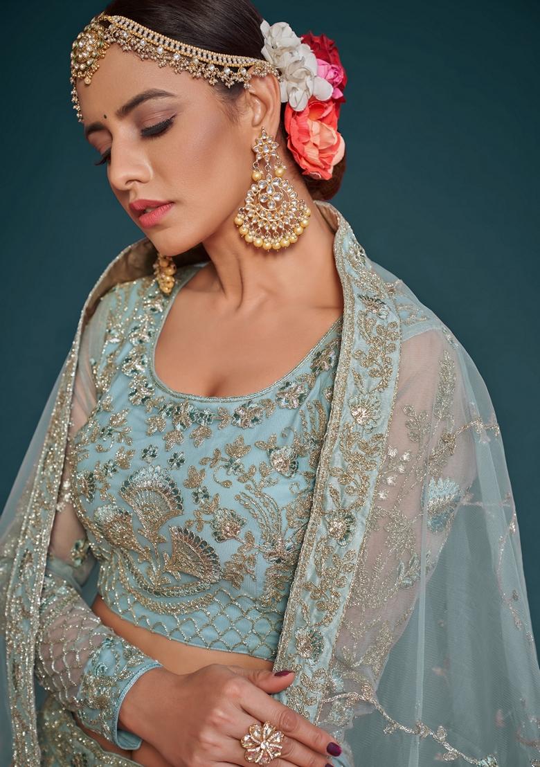 Aqua Blue Embroidered Soft Net Lehenga Set