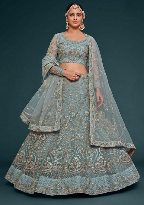 Aqua Blue Embroidered Soft Net Lehenga Set