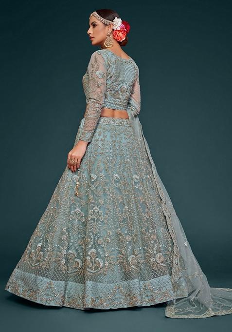 Aqua Blue Embroidered Soft Net Lehenga Set