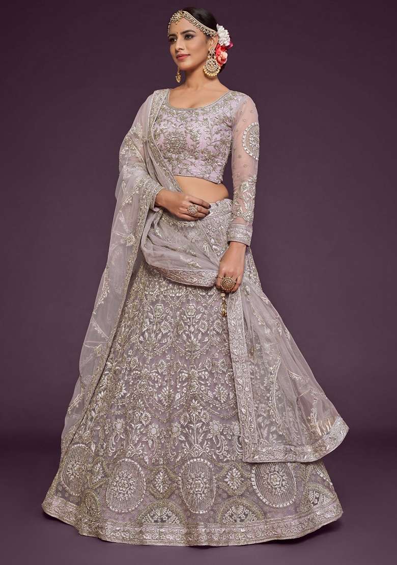 Dusky Purple Embroidered Soft Net Lehenga Set for Diwali and Festive Wear - Indya