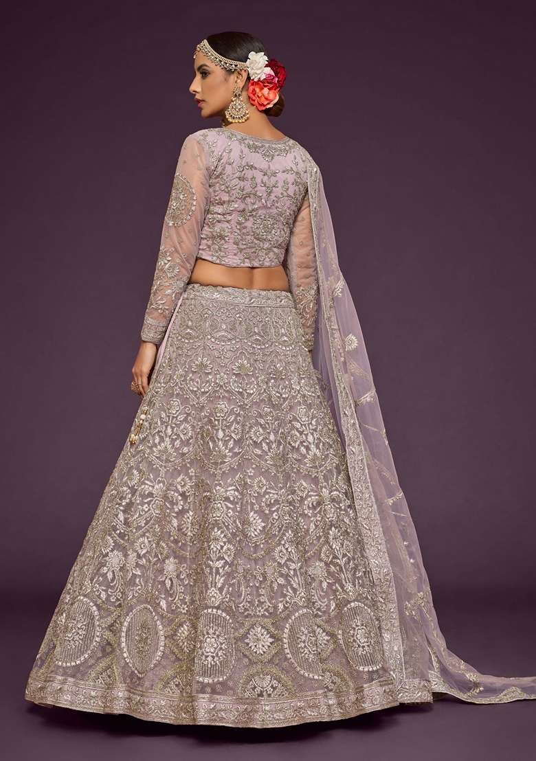 Dusky Purple Embroidered Soft Net Lehenga Set for Diwali and Festive Wear - Indya
