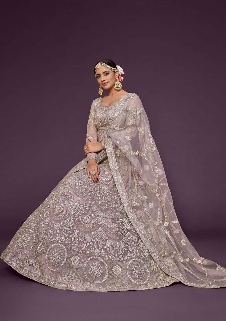 Dusky Purple Embroidered Soft Net Lehenga Set for Diwali and Festive Wear - Indya