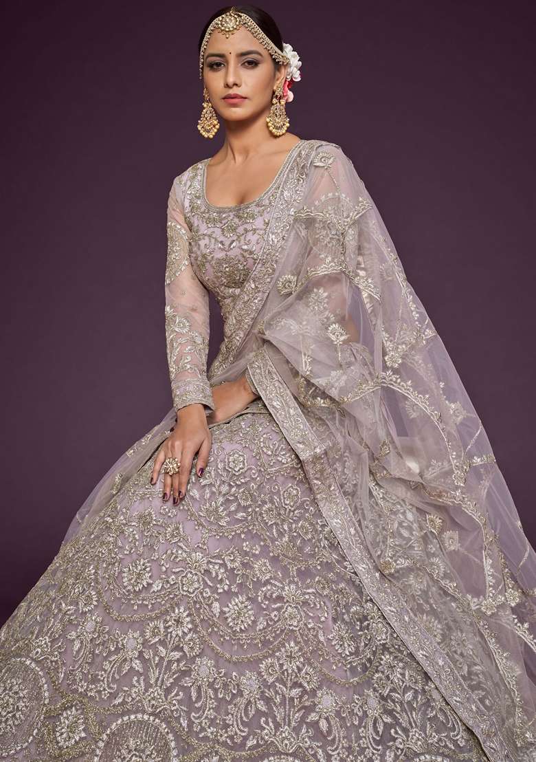 Dusky Purple Embroidered Soft Net Lehenga Set for Diwali and Festive Wear - Indya