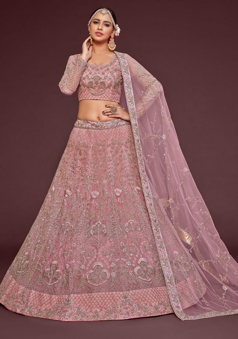 Pearl Pink Embroidered Soft Net Lehenga Set