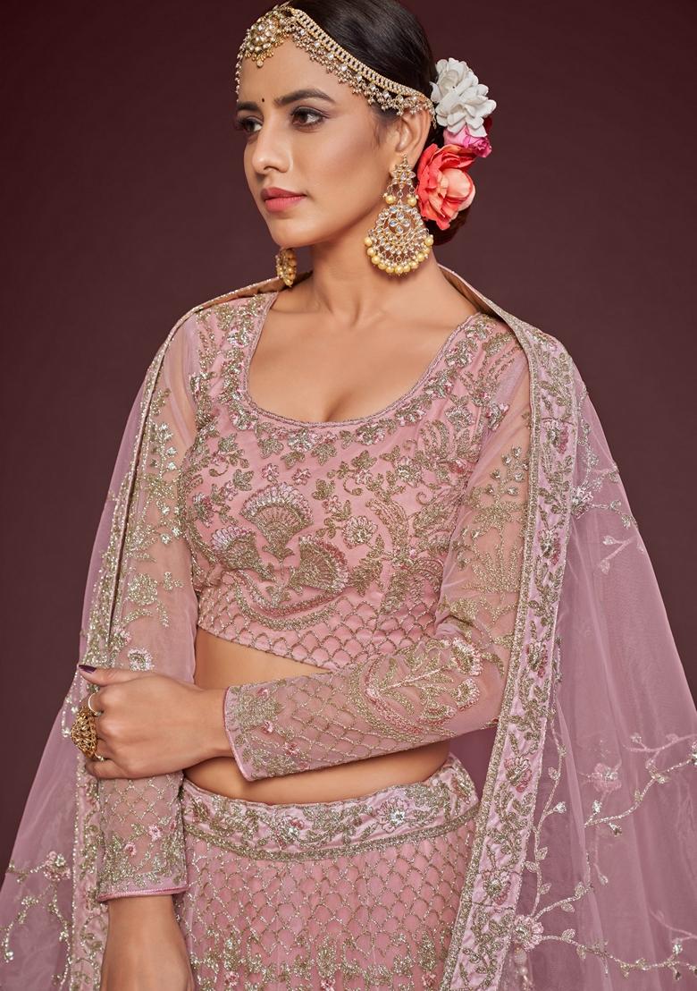 Pearl Pink Embroidered Soft Net Lehenga Set