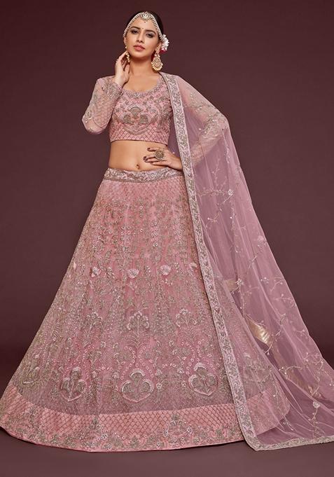 Pearl Pink Embroidered Soft Net Lehenga Set