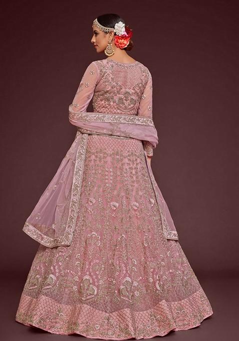 Pearl Pink Embroidered Soft Net Lehenga Set