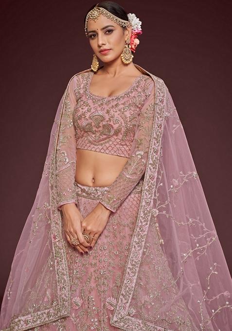 Pearl Pink Embroidered Soft Net Lehenga Set