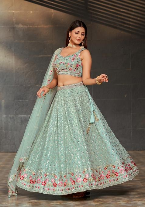 Sky Blue Embroidered Georgette Lehenga Set