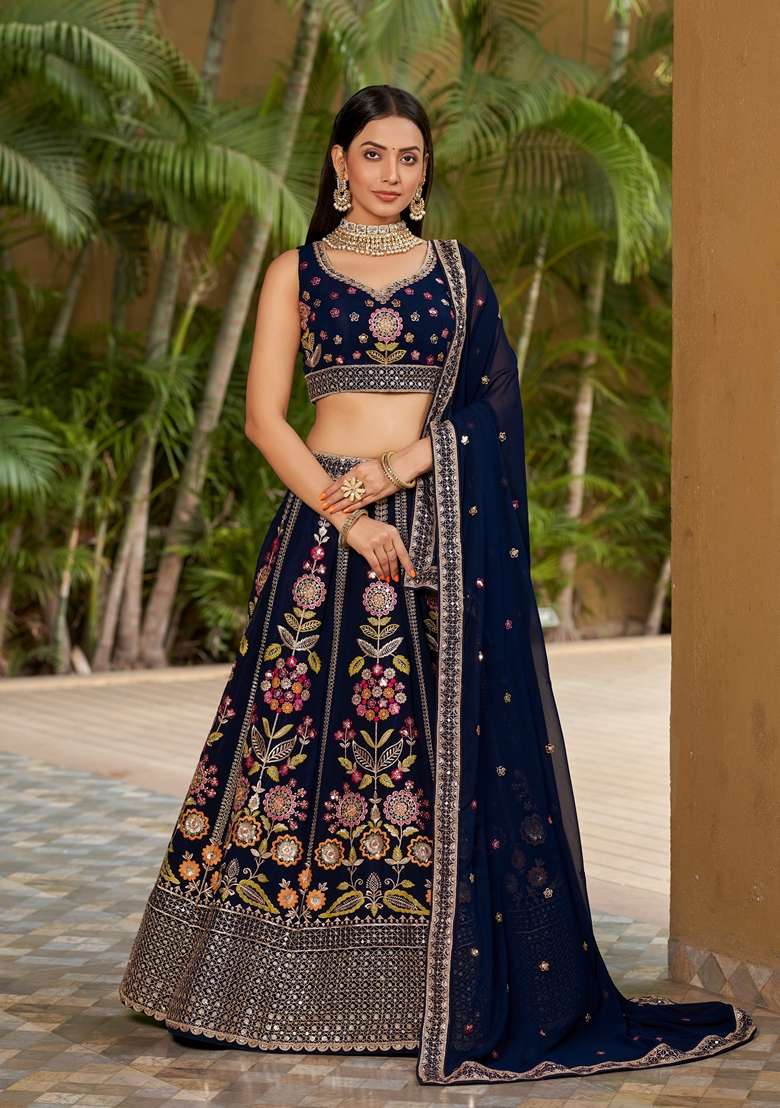 Navy Blue Georgette Lehenga Set with Embroidered for Diwali | Wedding & Festive Wear - Indya