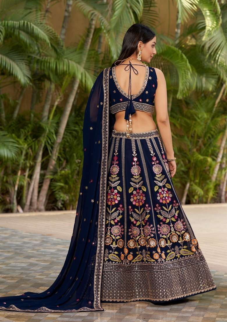 Navy Blue Georgette Lehenga Set with Embroidered for Diwali | Wedding & Festive Wear - Indya