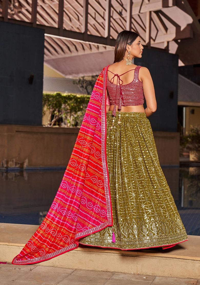 Olive Green And Pink Embroidered Georgette Lehenga Set