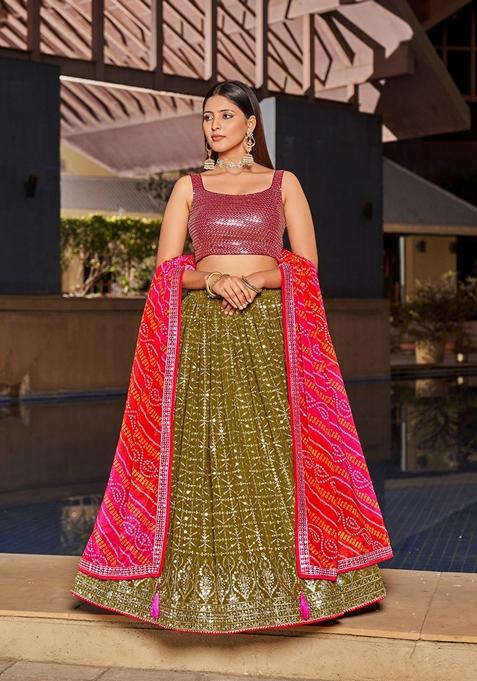 Olive Green And Pink Embroidered Georgette Lehenga Set