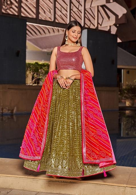 Olive Green And Pink Embroidered Georgette Lehenga Set