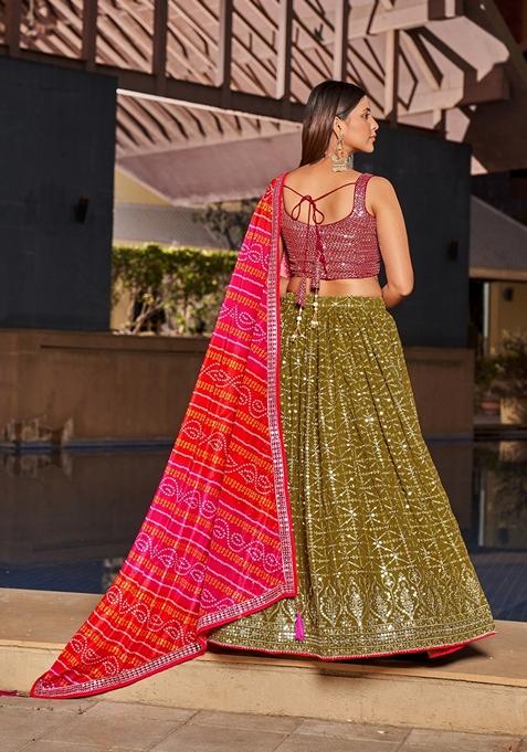 Olive Green And Pink Embroidered Georgette Lehenga Set