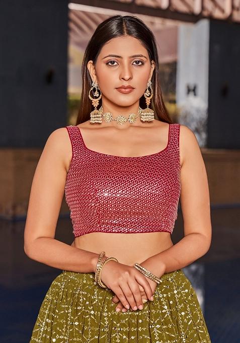 Olive Green And Pink Embroidered Georgette Lehenga Set