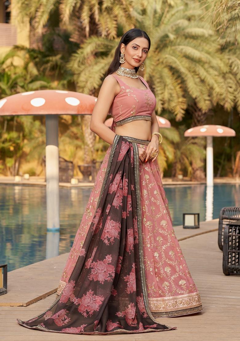 Pink And Brown Embroidered Georgette Lehenga Set