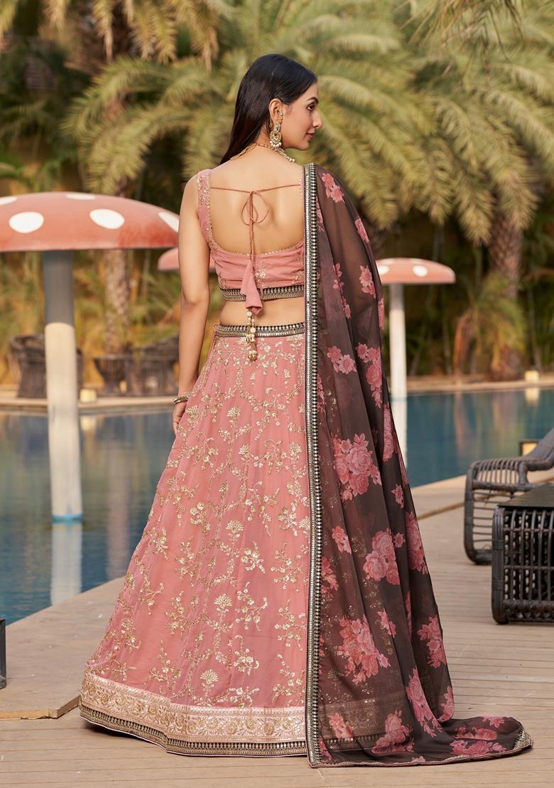 Pink And Brown Embroidered Georgette Lehenga Set