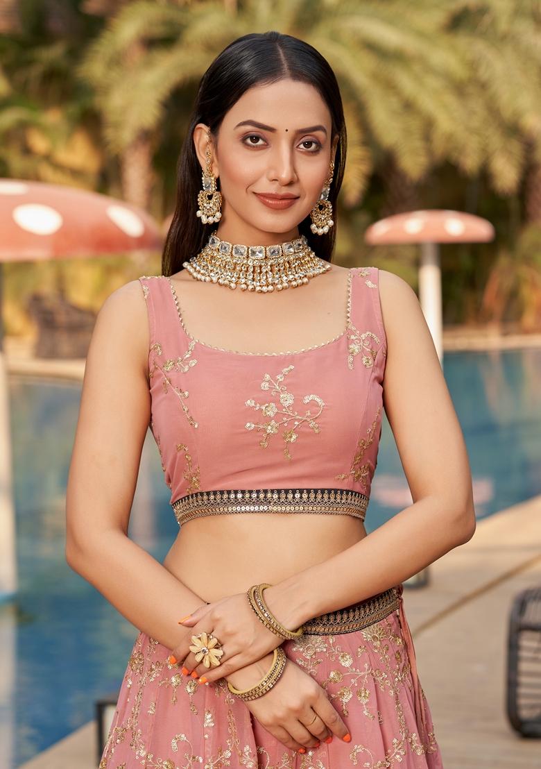 Pink And Brown Embroidered Georgette Lehenga Set