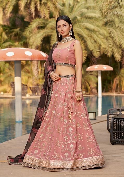 Pink And Brown Embroidered Georgette Lehenga Set