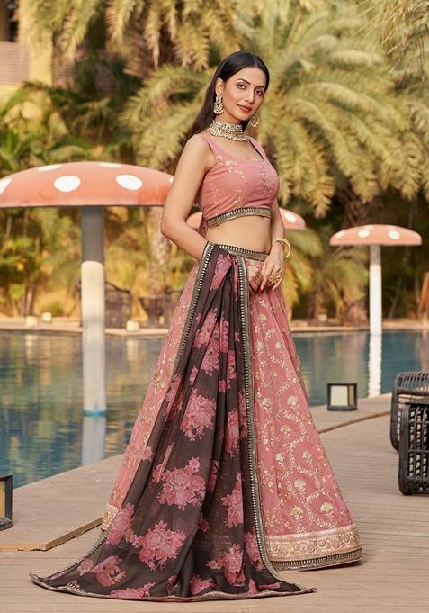 Pink And Brown Embroidered Georgette Lehenga Set