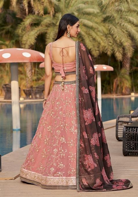 Pink And Brown Embroidered Georgette Lehenga Set
