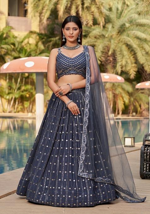 Grey Embroidered Georgette Lehenga Set