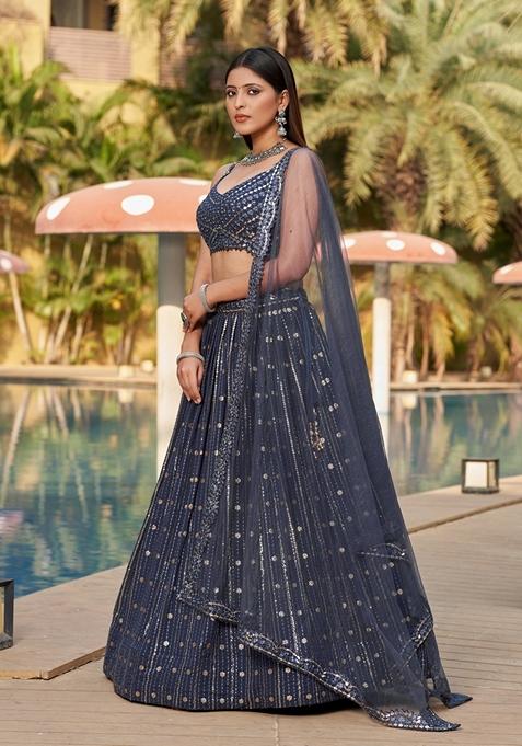 Grey Embroidered Georgette Lehenga Set