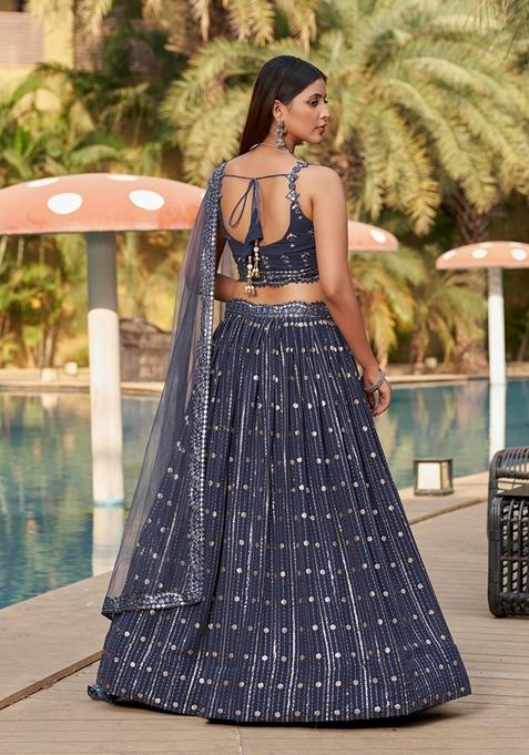 Grey Embroidered Georgette Lehenga Set