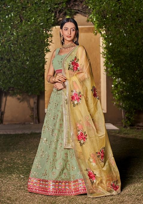 Pista Green And Yellow Embroidered Georgette Lehenga Set