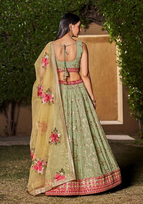 Pista Green And Yellow Embroidered Georgette Lehenga Set