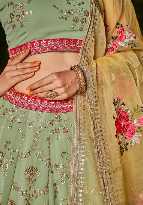 Pista Green And Yellow Embroidered Georgette Lehenga Set