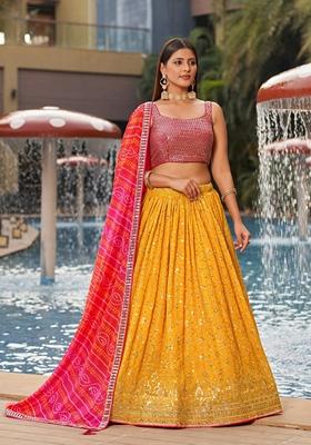 Yellow And Pink Embroidered Georgette Lehenga Set
