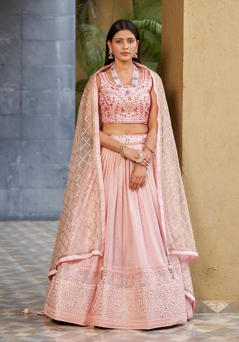 Pink Embroidered Art Silk Lehenga Set