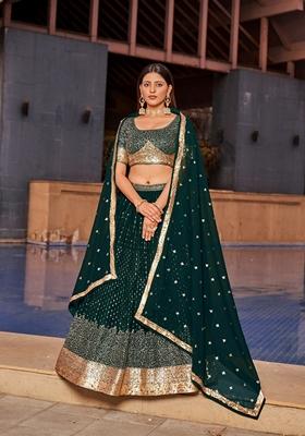Green Embroidered Georgette Lehenga Set