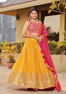 Yellow And Pink Embroidered Art Silk Lehenga Set