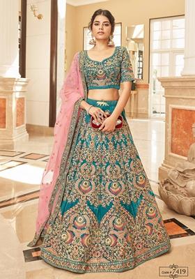 Teal Blue Embroidered Soft Net Lehenga Set