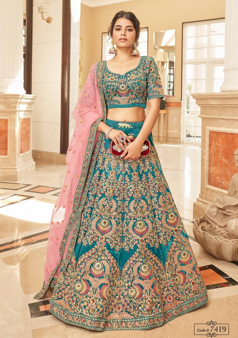 Teal Blue Embroidered Soft Net Lehenga Set