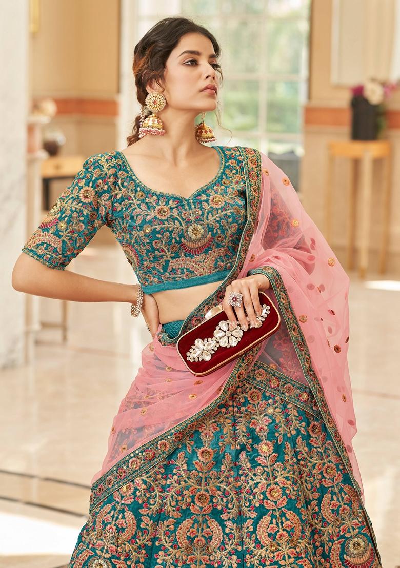 Teal Blue Embroidered Soft Net Lehenga Set