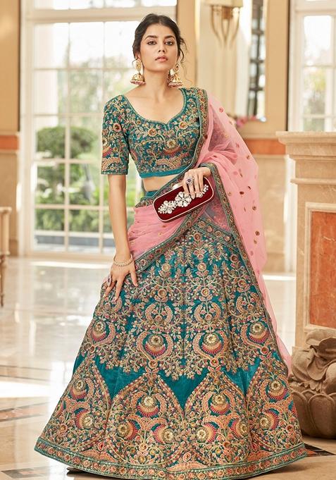 Teal Blue Embroidered Soft Net Lehenga Set