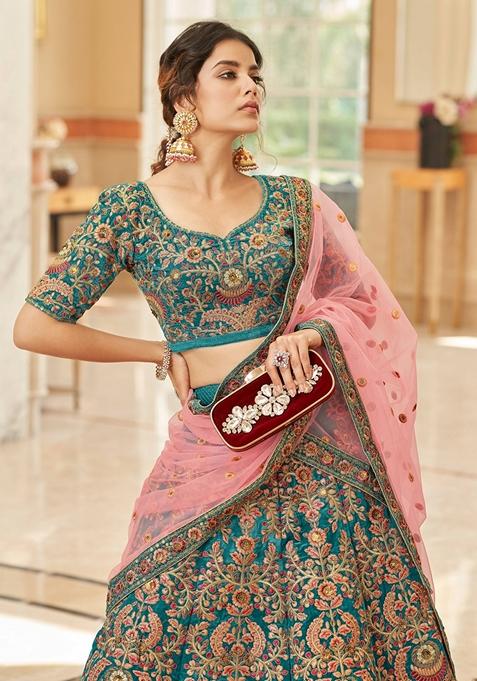 Teal Blue Embroidered Soft Net Lehenga Set