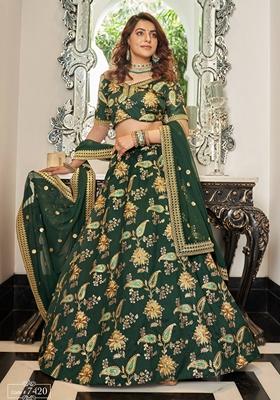 Green Embroidered Art Silk Lehenga Set