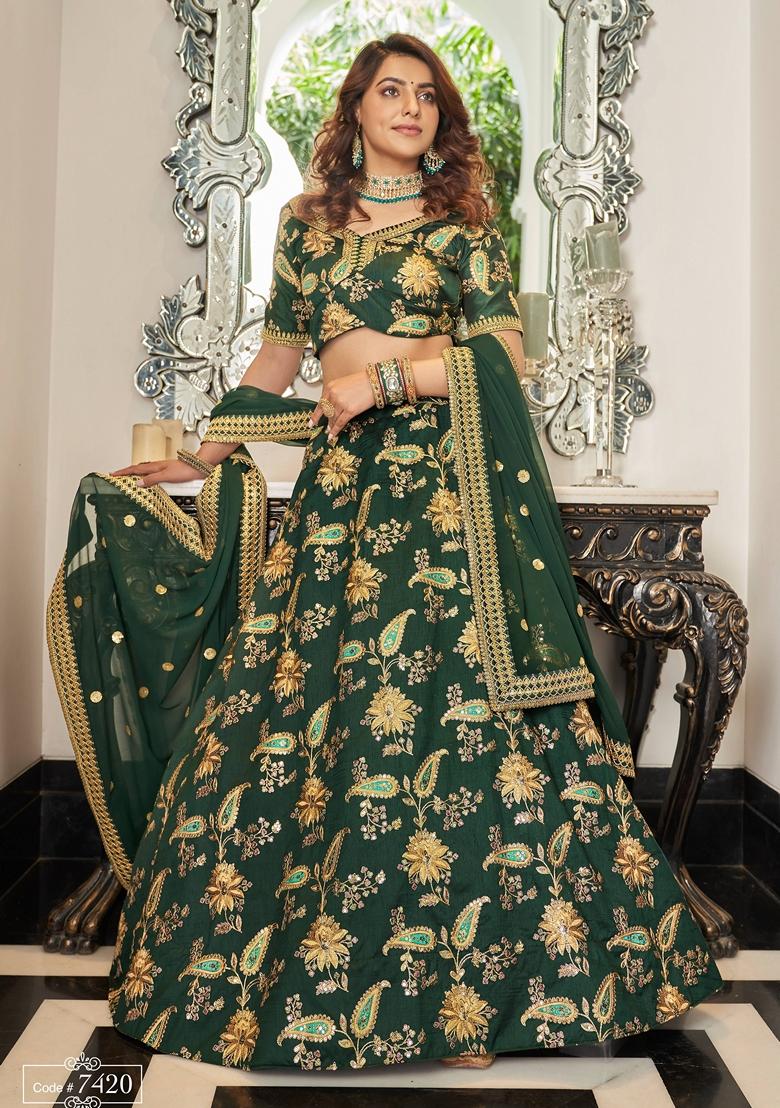Green Embroidered Art Silk Lehenga Set
