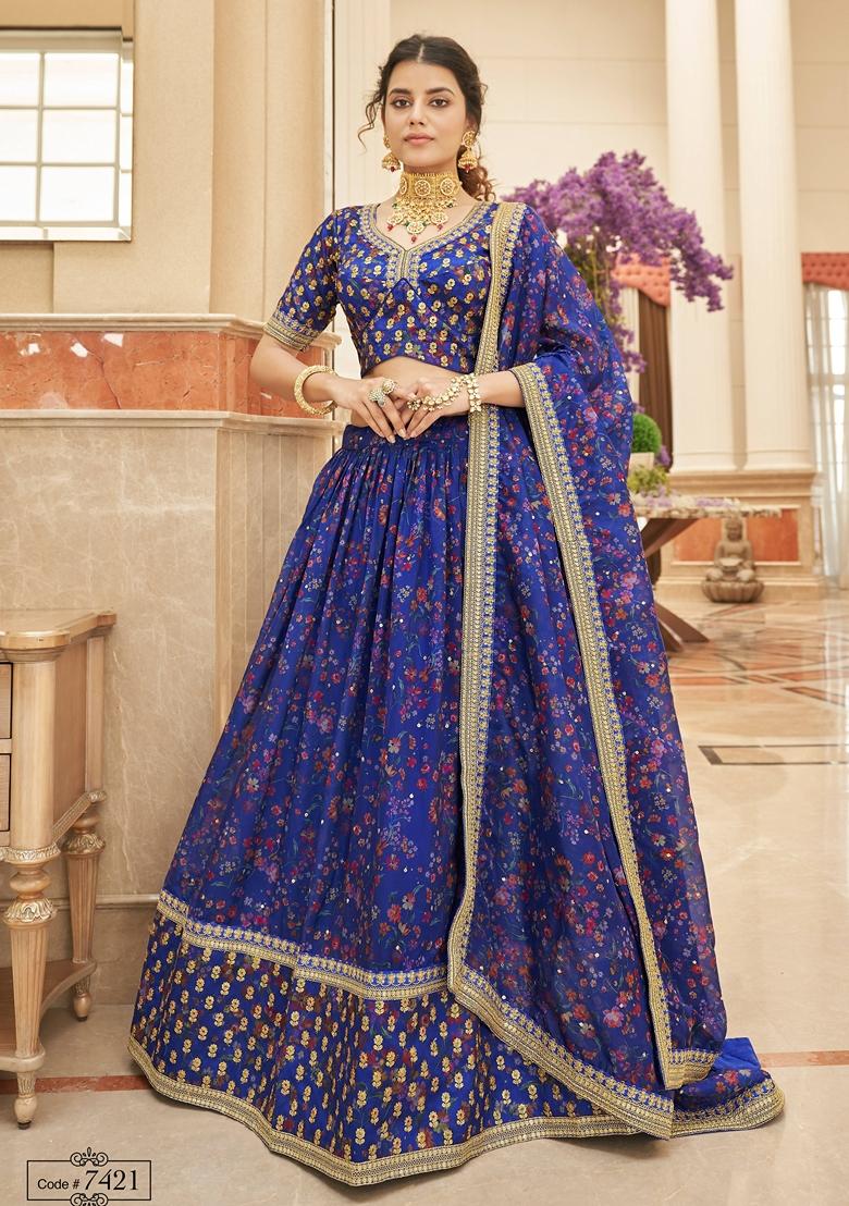 Blue Embroidered Art Silk Lehenga Set